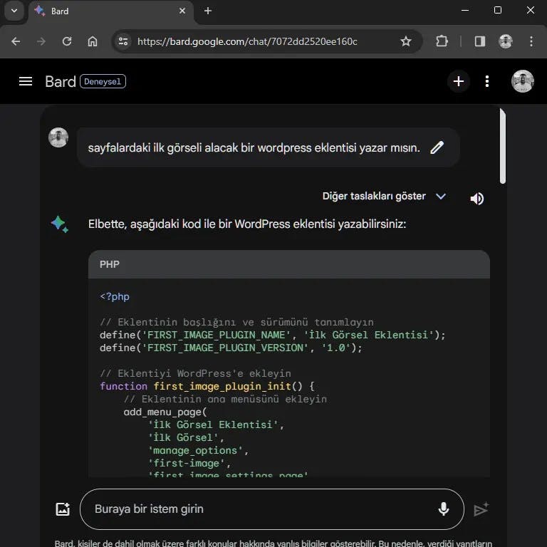 Google Bard WordPres eklentisi yazdı.