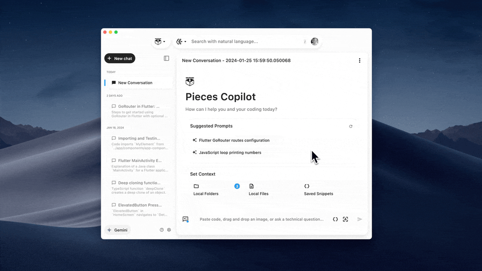 Setting conversation context with Pieces Copilot.