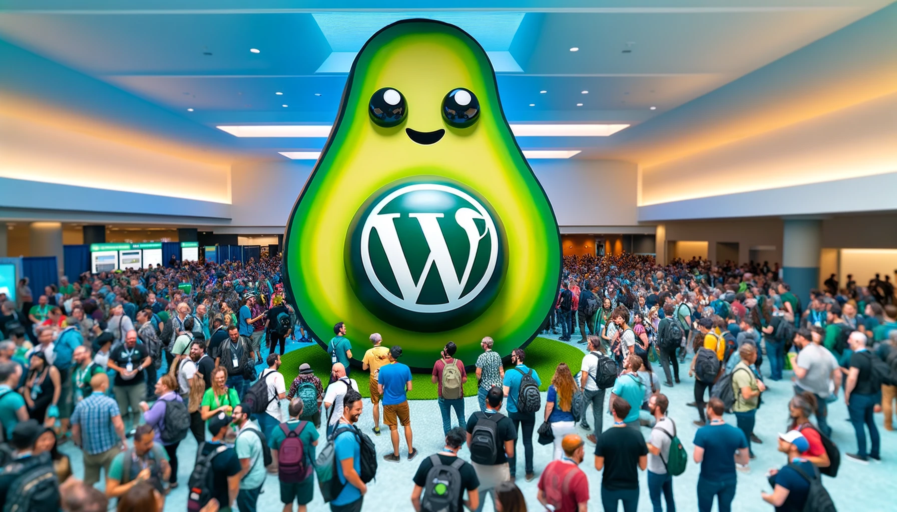 An imaginative depiction of a WordPress conference scene, with a giant avocado emoji at the center, its pit replaced by the WordPress logo. Around it, a diverse group of people representing various ethnicities, genders, ages, and abilities are engaged in conversations, emphasizing inclusivity and accessibility within the community.