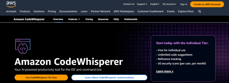 The Amazon CodeWhisperer homepage.