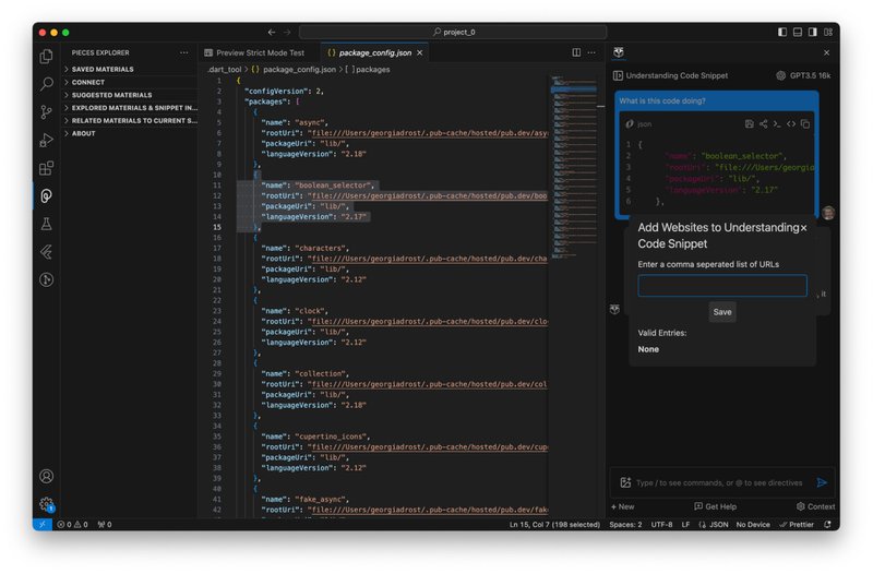 Adding a website as context in Pieces for VS Code.