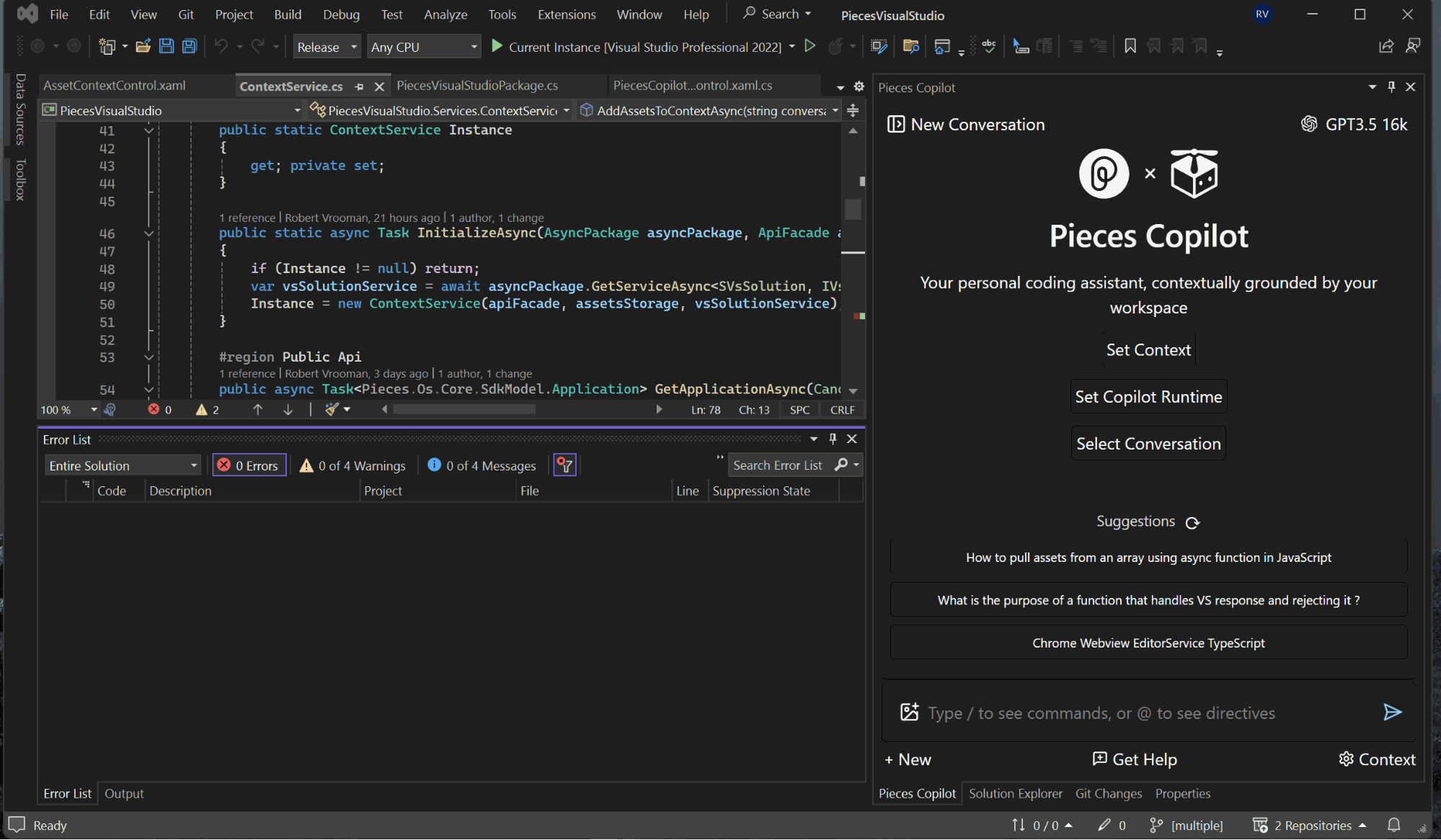 Using Pieces Copilot in Visual Studio.