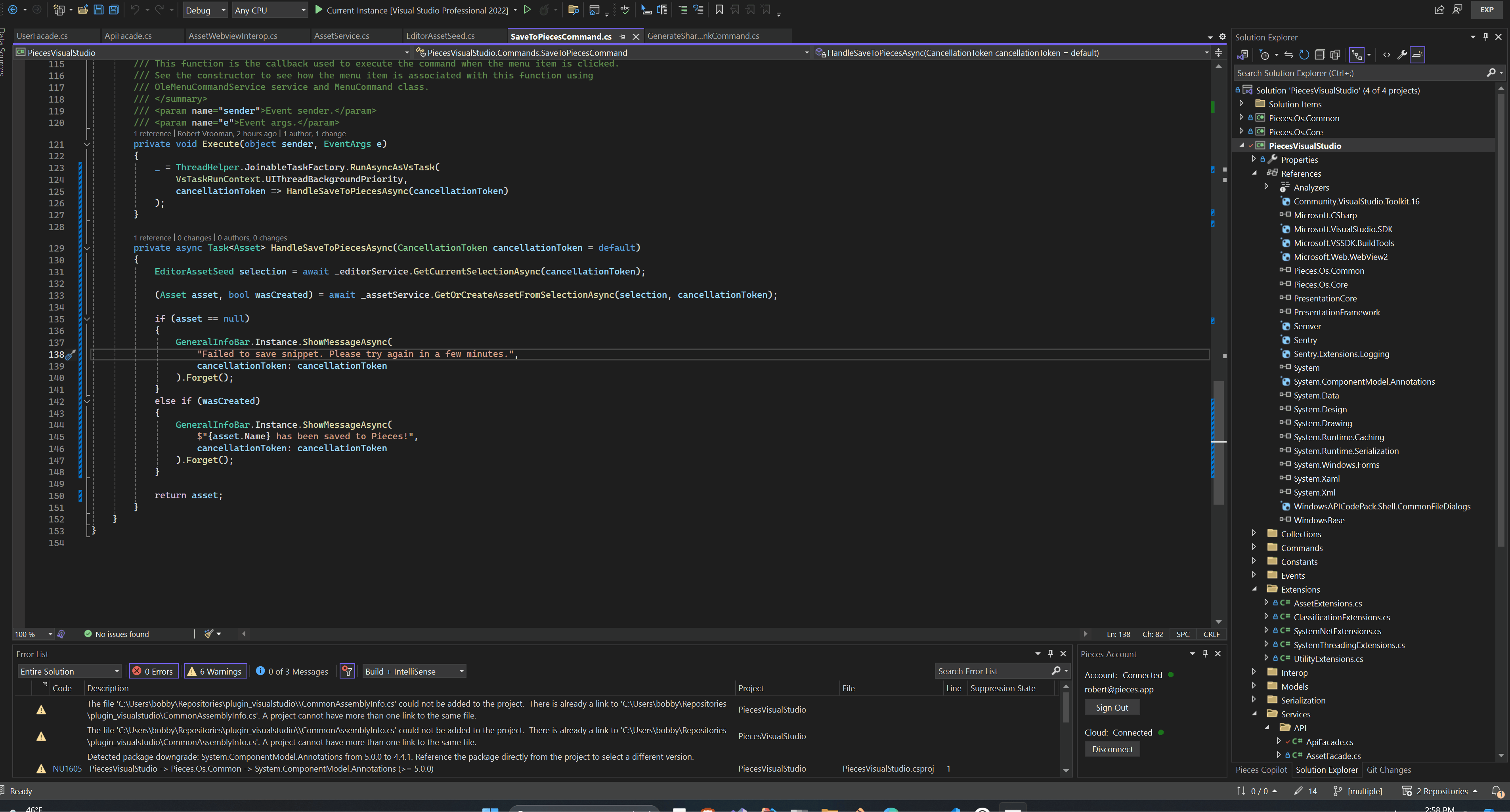 Saving code to Pieces from the Visual Studio IDE.