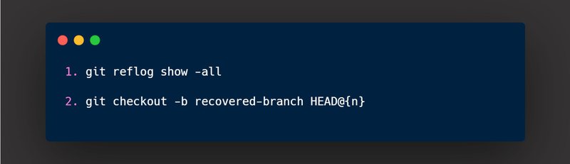 get reflog show -all. git checkout -b recovered-branch HEAD@{n}.