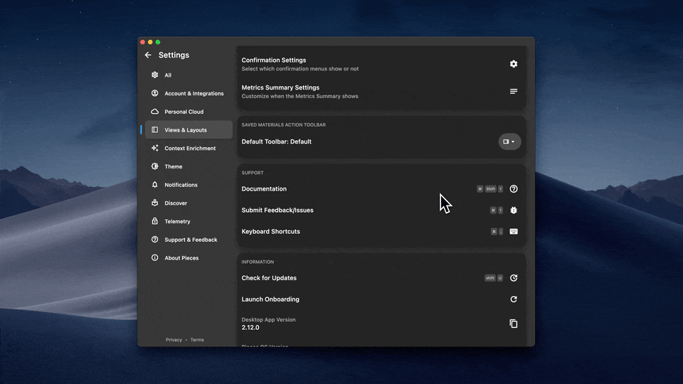 Customizing the Quick Actions Toolbar in the Pieces Desktop App Settings. 