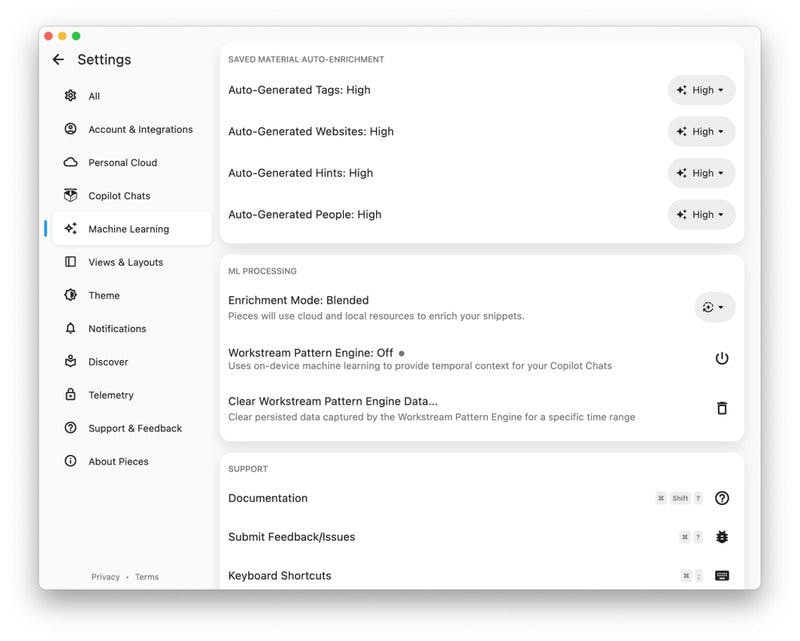 The Machine Learning section of the Settings menu.