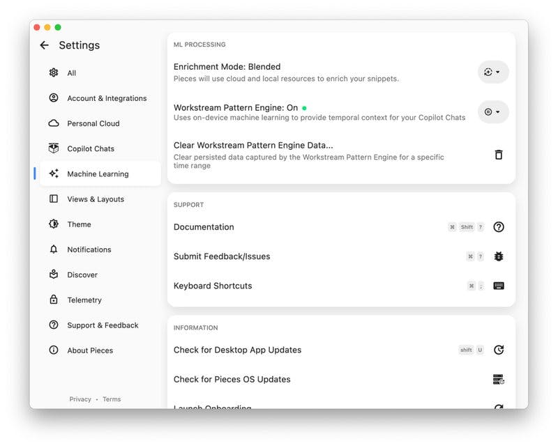 The Machine Learning section of the Pieces Desktop App settings. 