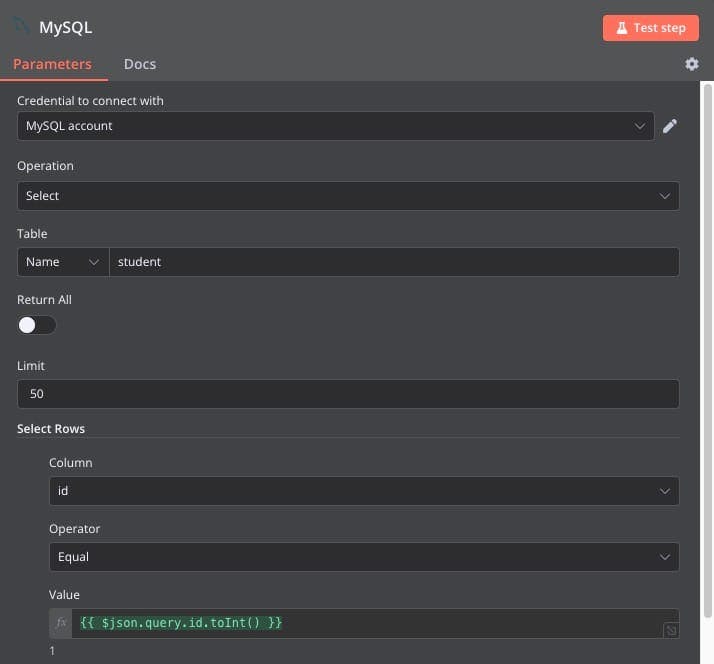 N8N: Performing SQL query on MySQL server