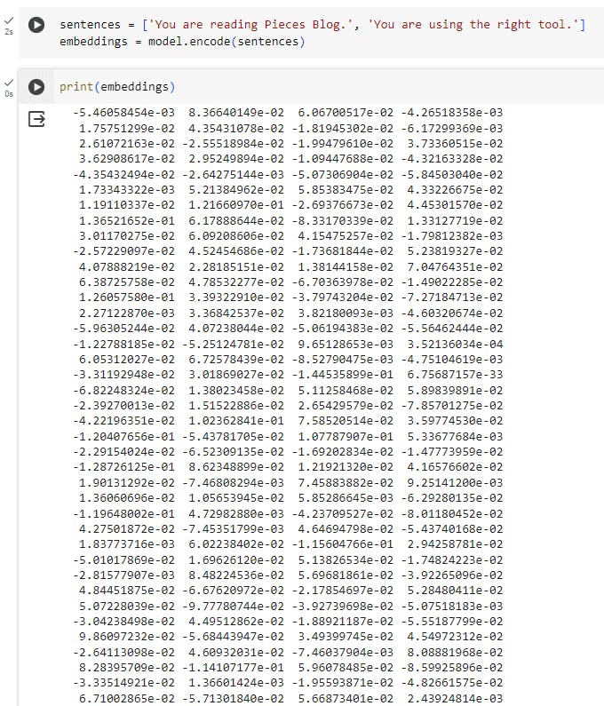 The vector embeddings of the input sentence above.