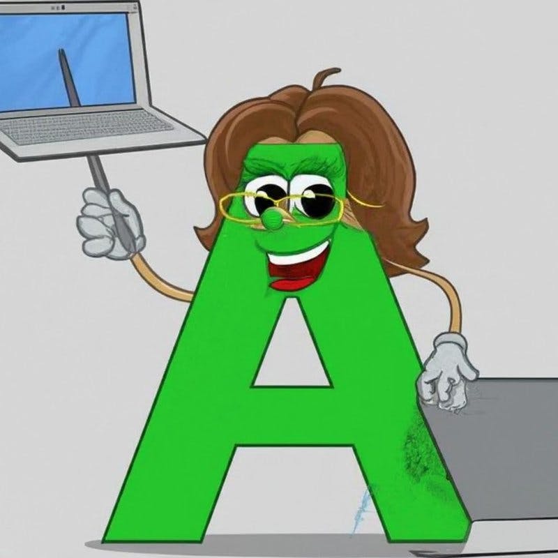 A green letter A with brown hair and glasses holding up a pointer that skewers a laptop.