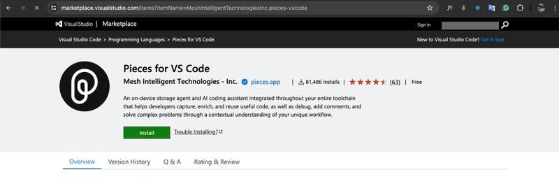 The Pieces for VS Code listing on the VS Code marketplace.