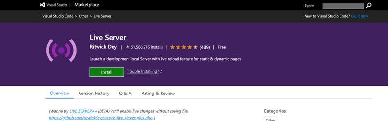 The Live Server listing on the VS Code marketplace.