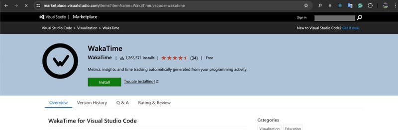 The WakaTime listing on the VS Code marketplace.
