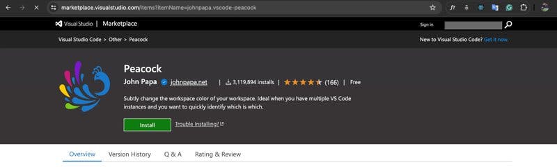 The Peacock listing on the VS Code marketplace.