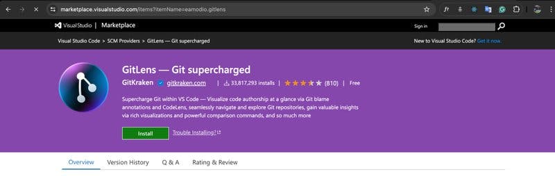 The GitLens listing on the VS code marketplace.