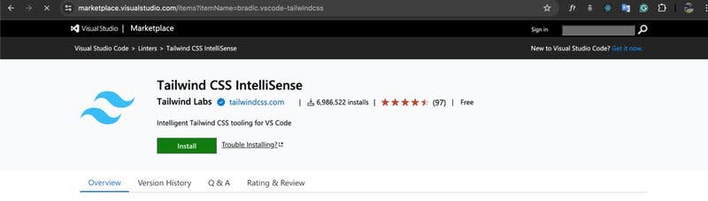 The Tailwind CSS IntelliSense listing on the VS Code marketplace.