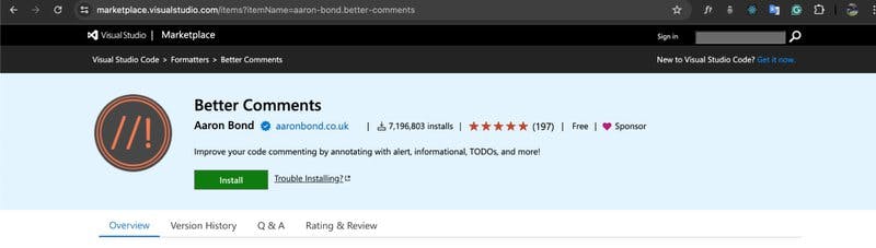 The Better Comments listing on the VS Code marketplace.