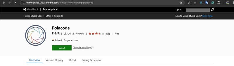 The Polacode listing on the VS Code marketplace.