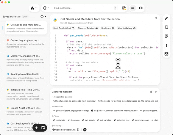 Scrolling through the simplified Pieces Desktop App UI.