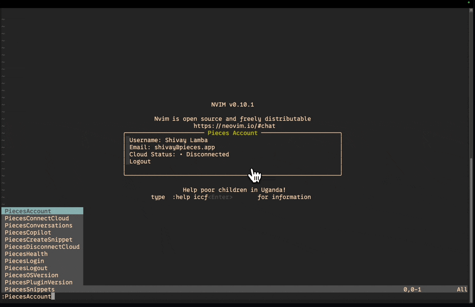 Connecting to your Pieces Cloud in Neovim.