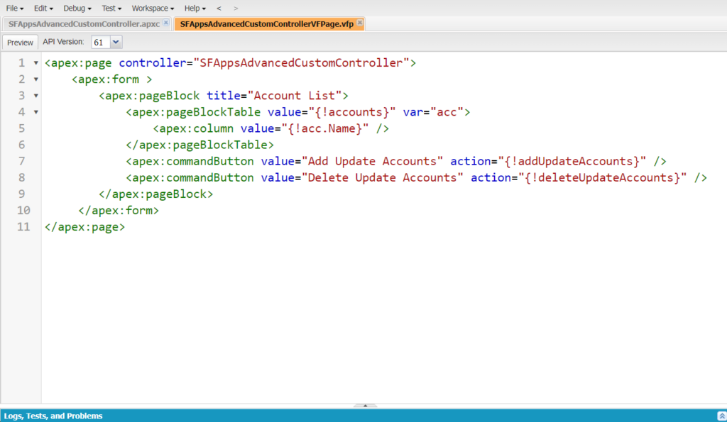 Visualforce Page markup with Custom Controller example 1