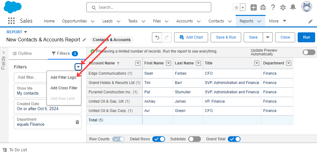 Adding Filter Logic to Report