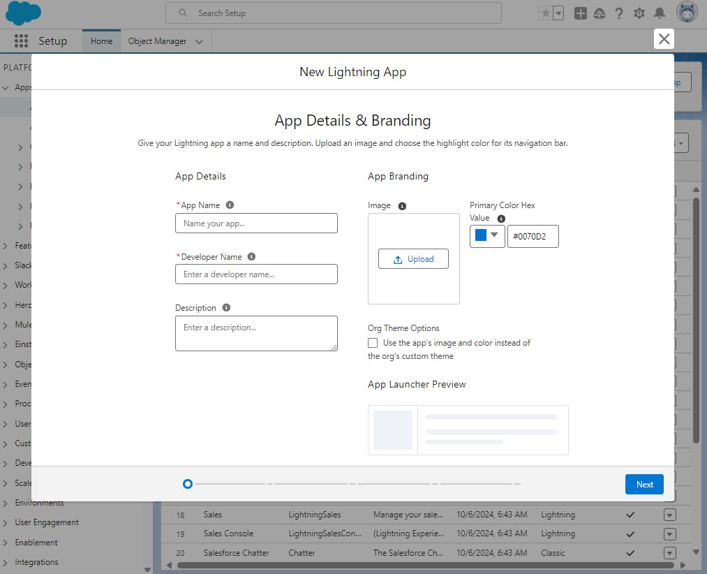 Lightning Experience App Manager Beginning of Creating a New Lightning App