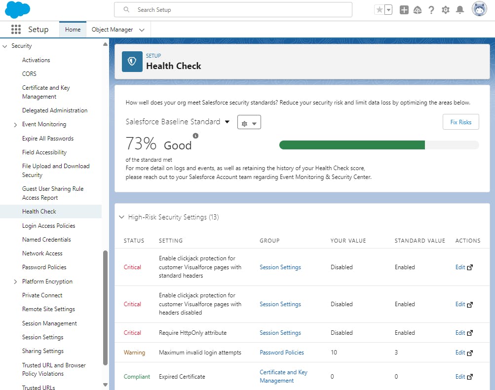 Salesforce Security Health Check in Setup