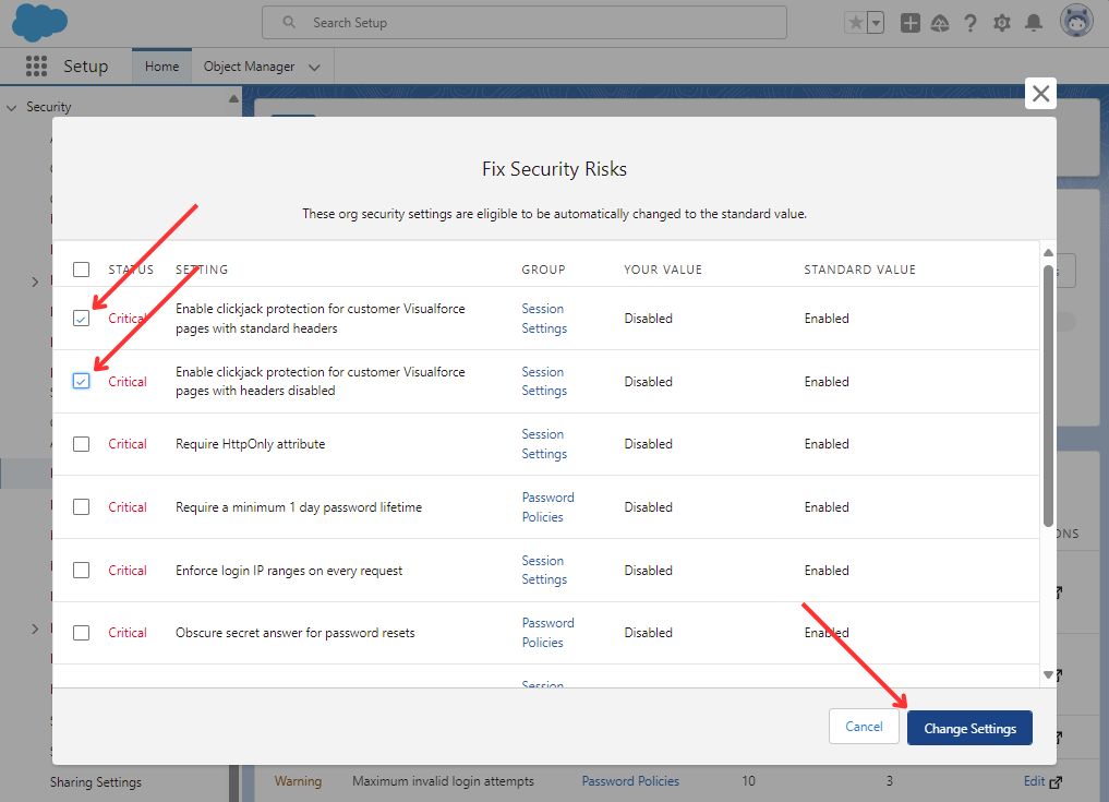 Salesforce Security Health Check Step 5 Fix Risks Window