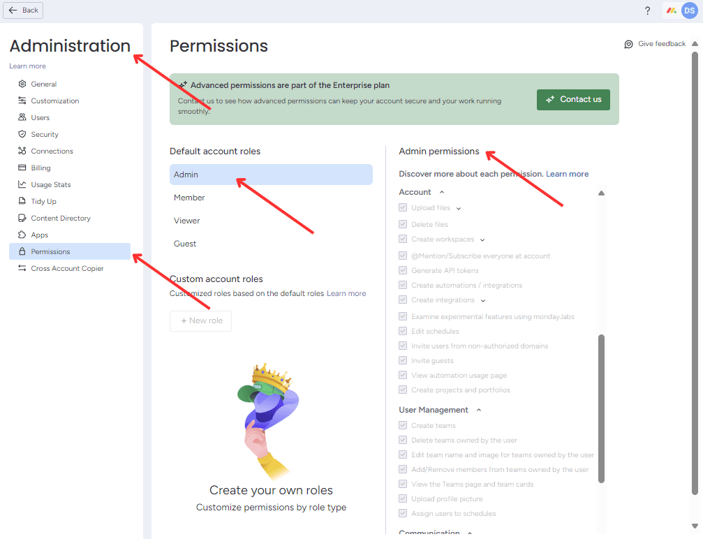 Permissions Settings in Administration menu at Monday.com