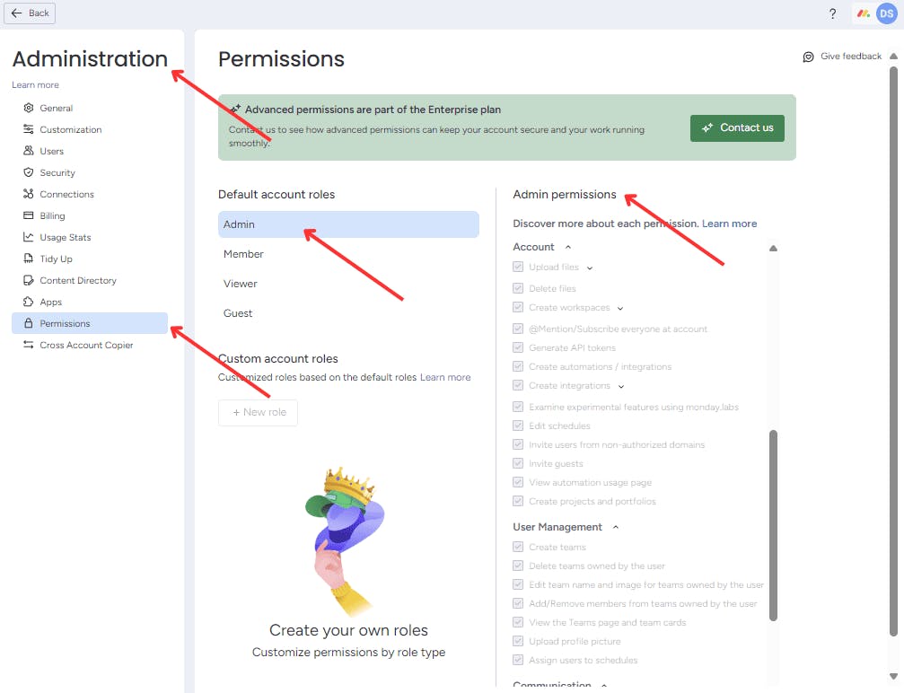 Permissions Settings in Administration menu at Monday.com