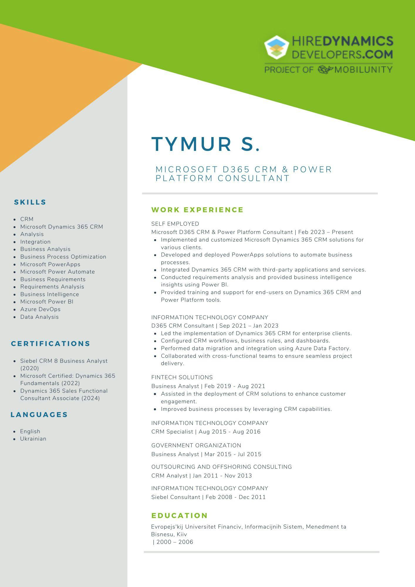 Tymur S. – Microsoft D365 CRM and Power Platform Specialist