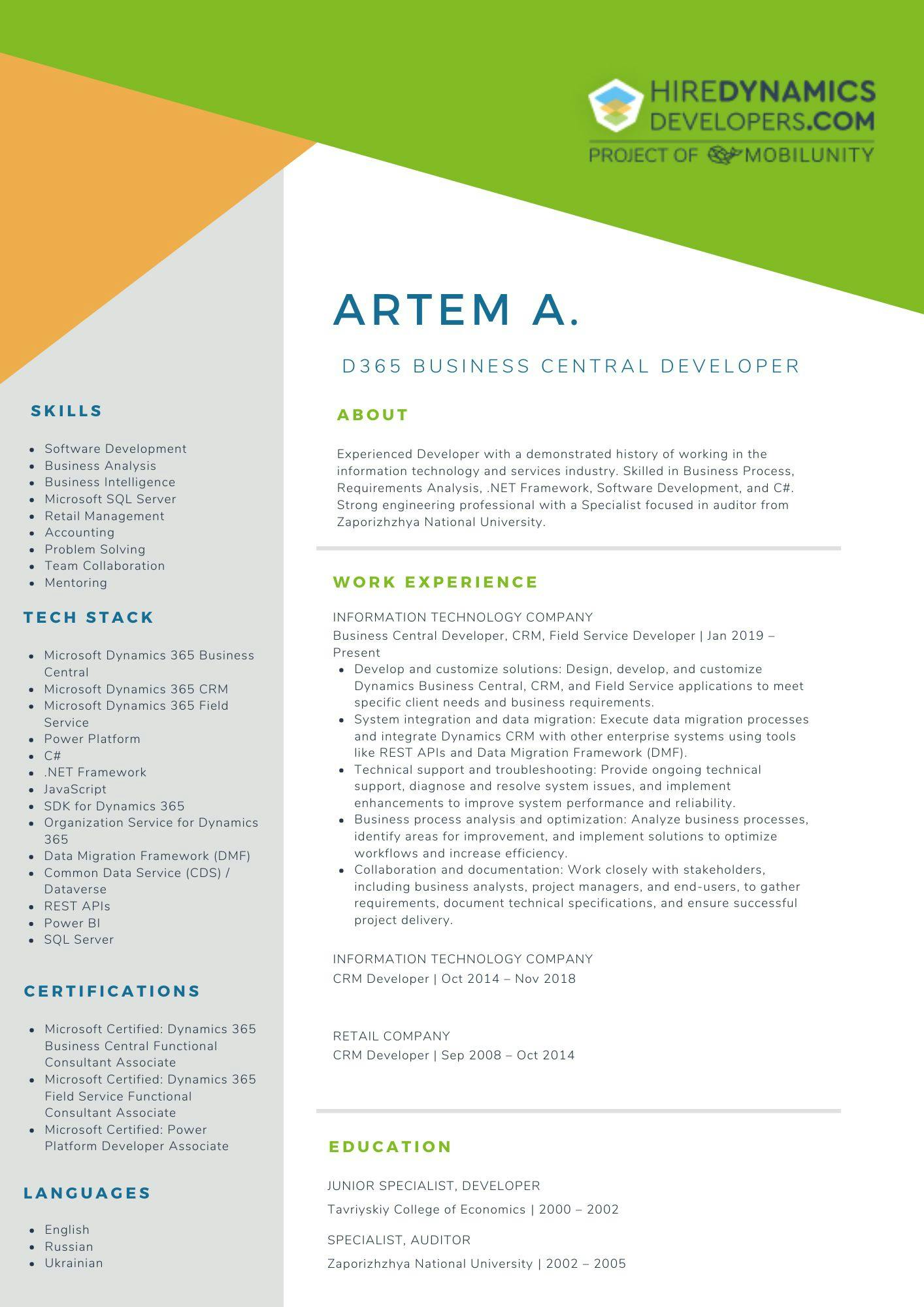 Artem A. – D365 Business Central Developer / Solution Developer