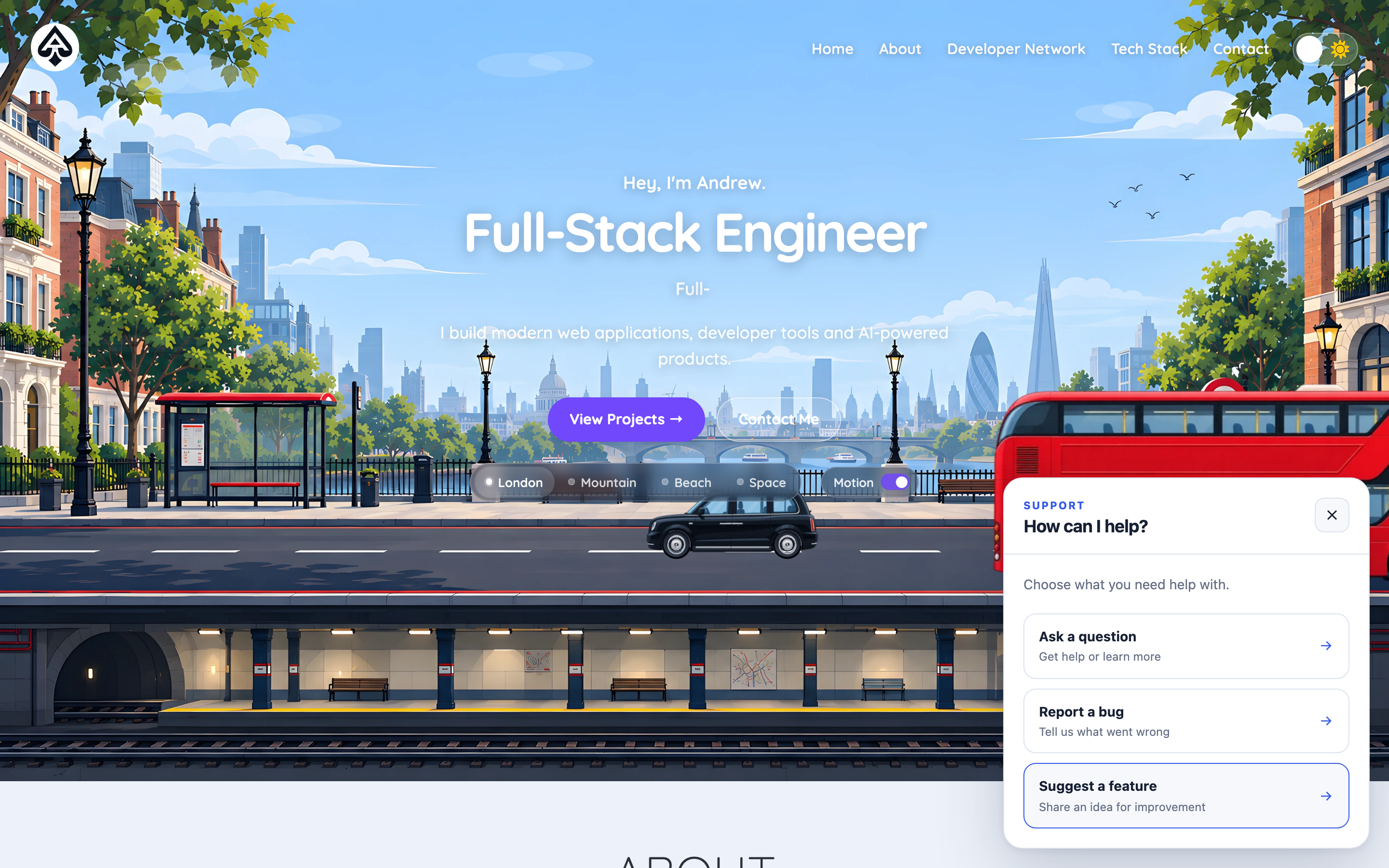 The IssueRelay widget open in the corner of the author's portfolio website, over an illustrated London street scene
