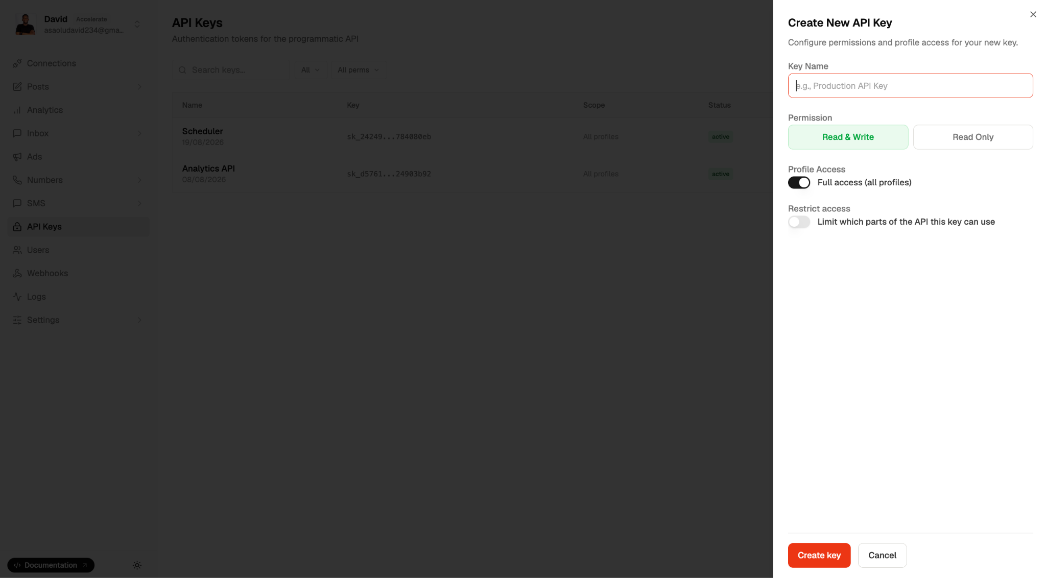 Create API keys in Zernio dashboard