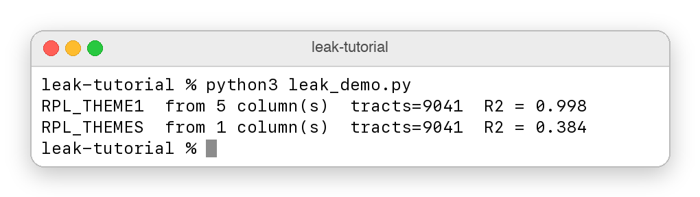 Terminal output showing RPL_THEME1 predicted at R2 = 0.998 and RPL_THEMES predicted from EP_NOINT at R2 = 0.384