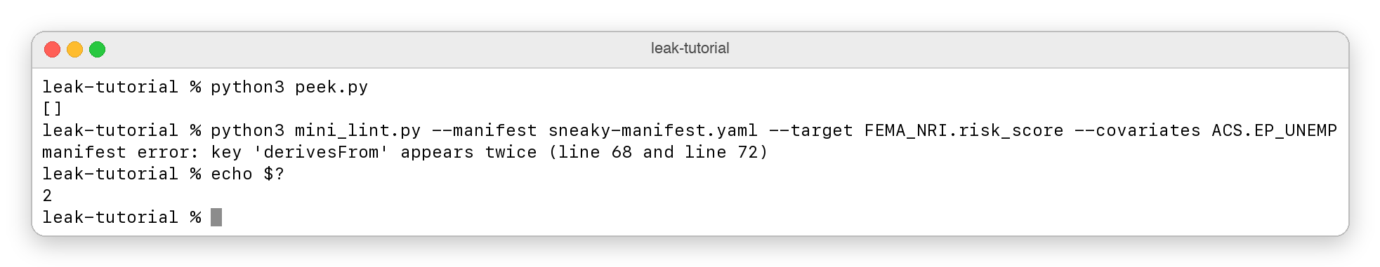 Terminal output. argparse prints a usage message and the error "argument --covariates: expected at least one argument", and the exit code is 2