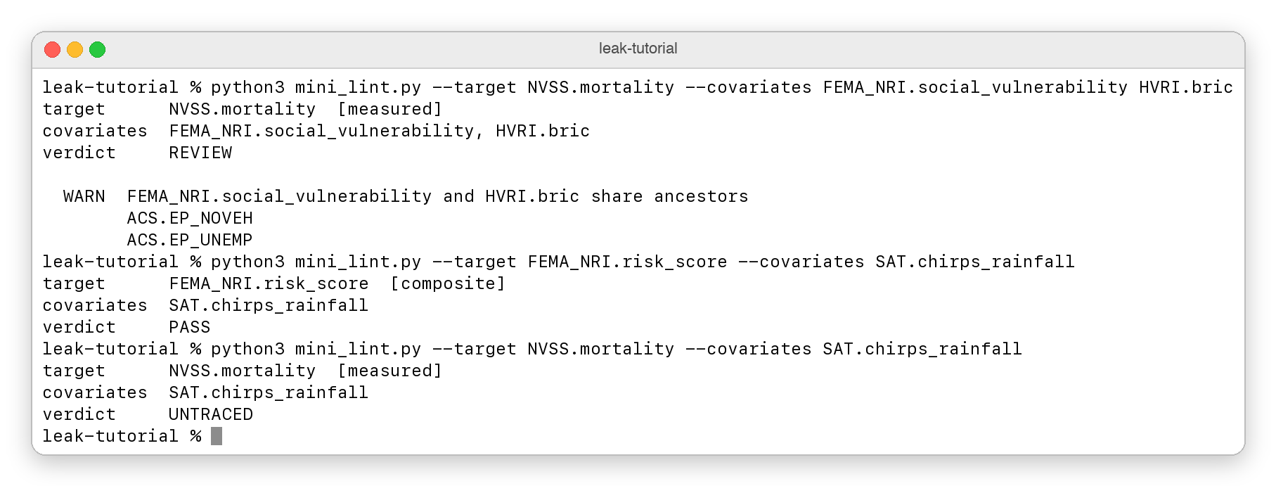 Terminal output for three runs. The first returns REVIEW because the two covariates share ACS.EP_NOVEH and ACS.EP_UNEMP. The second returns PASS. The third returns UNTRACED