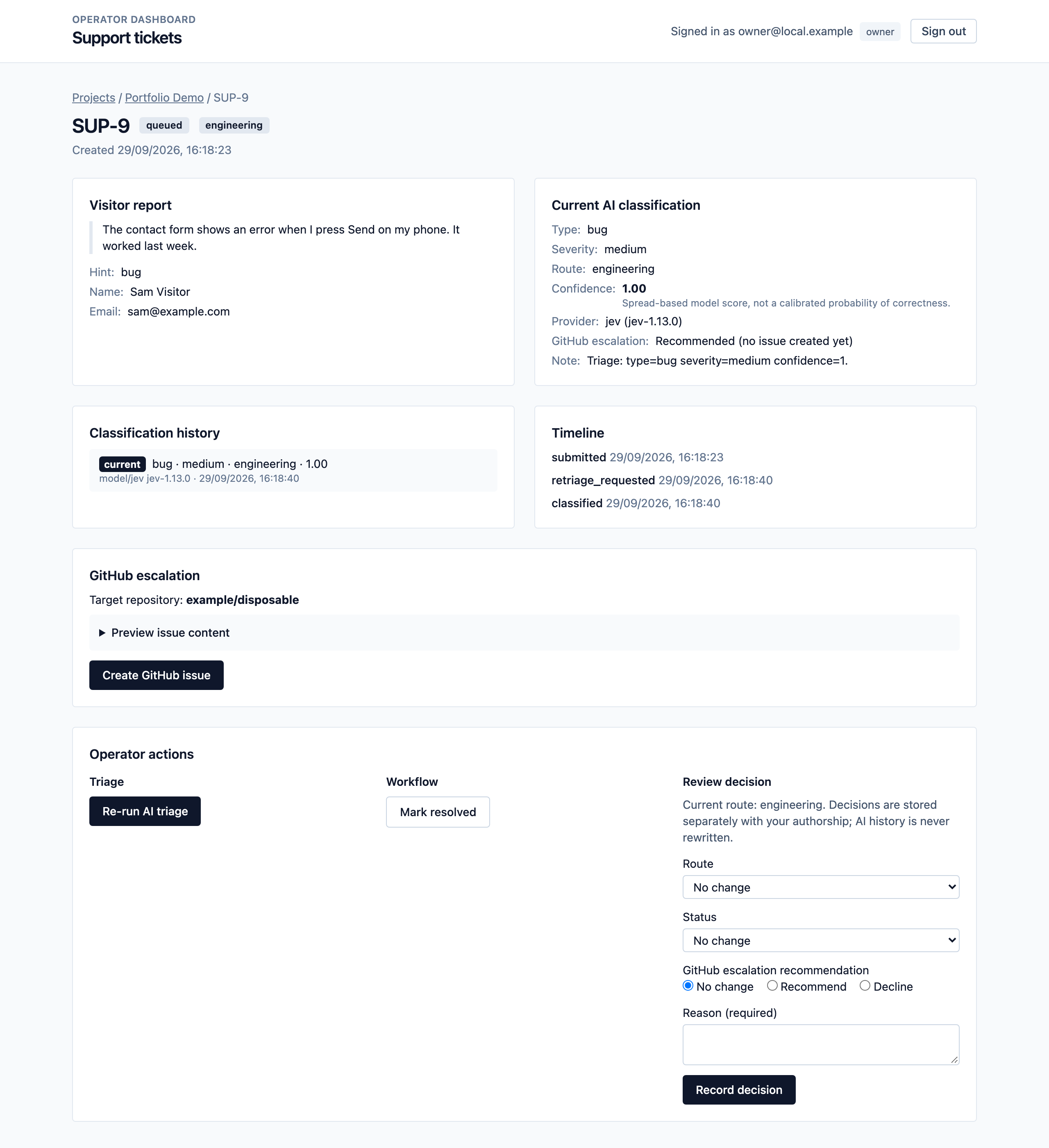 A ticket in the dashboard after triage: Jev classified it as a medium severity bug with a confidence of 1.00 and recommended it for GitHub