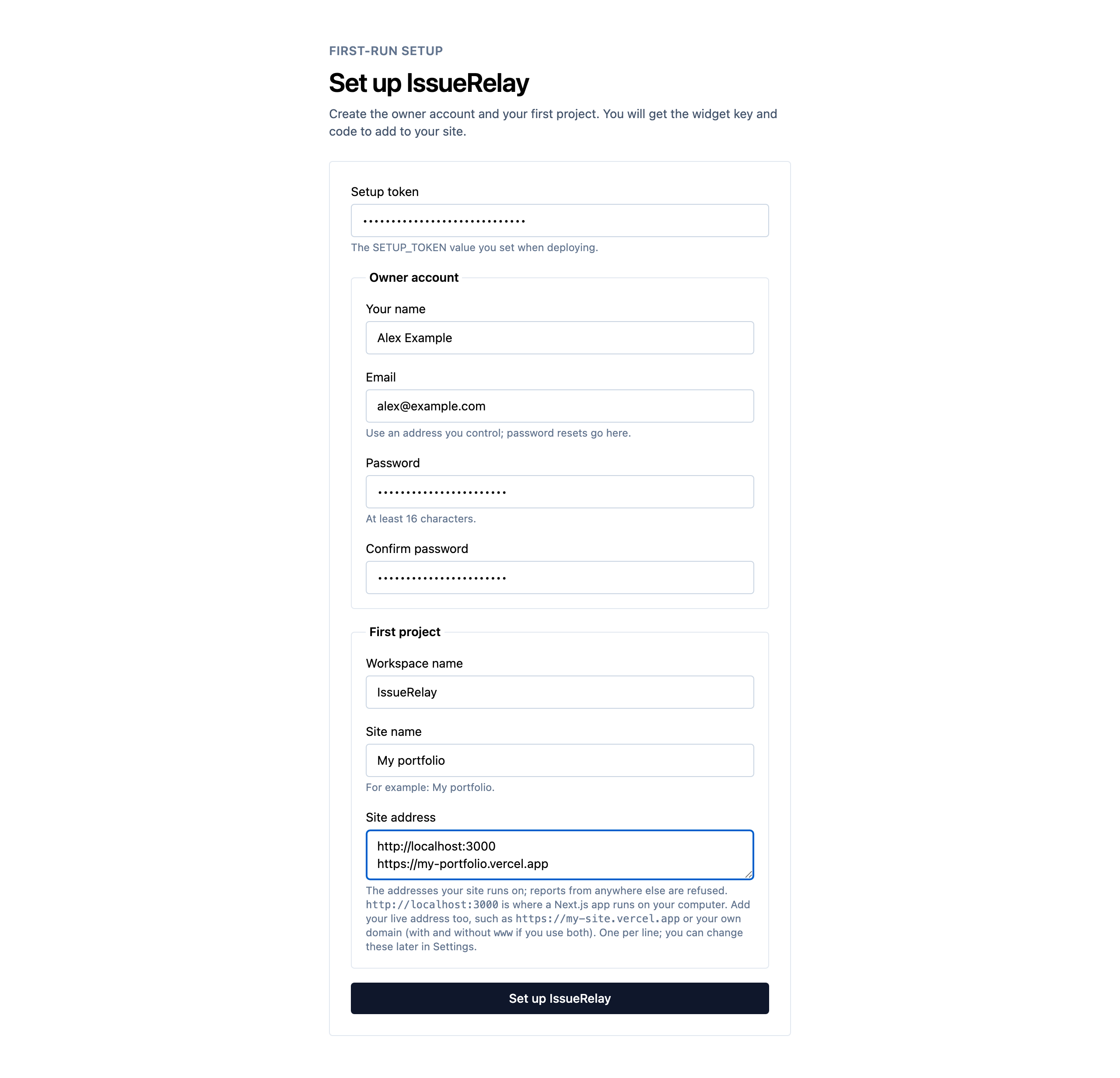 The first run setup page with fields for the setup token, owner account, workspace, site name, and site addresses