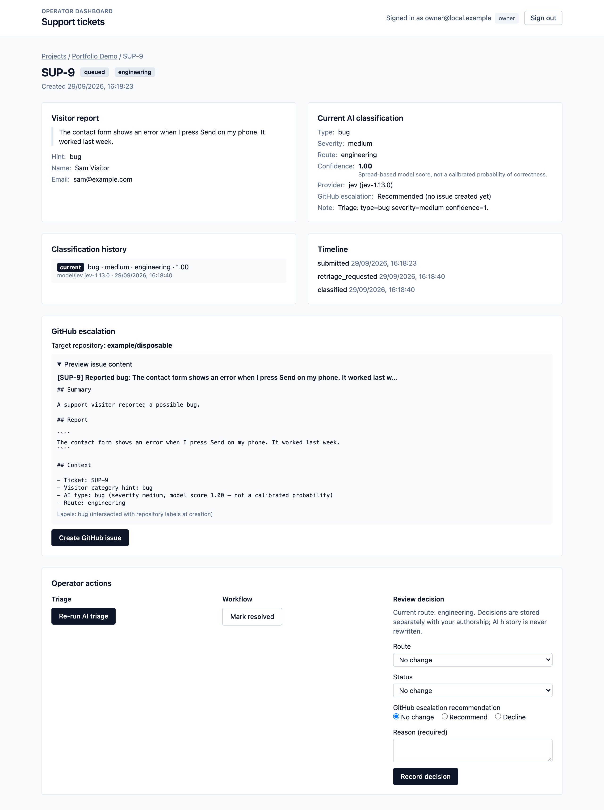 The GitHub escalation section showing a preview of the issue title and body, with the visitor's name and email absent from the issue