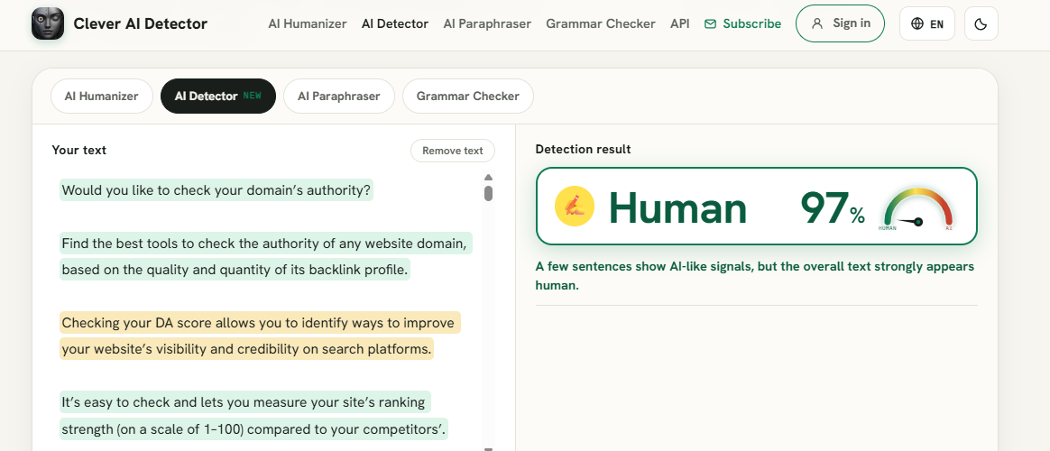 Clever AI detector scan report at Best AISO