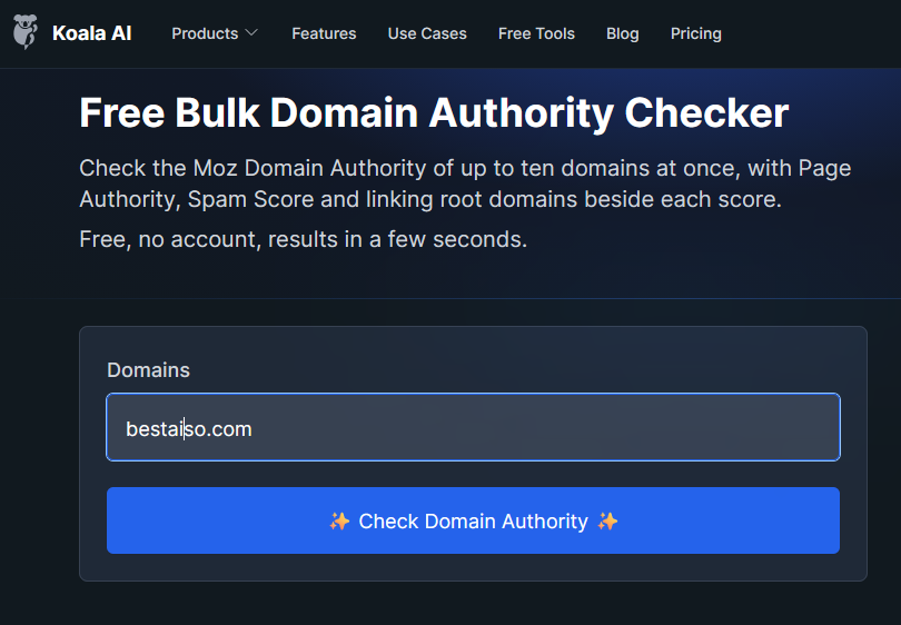 Free Koala AI Bulk Domain Authority Checker on Best AISO