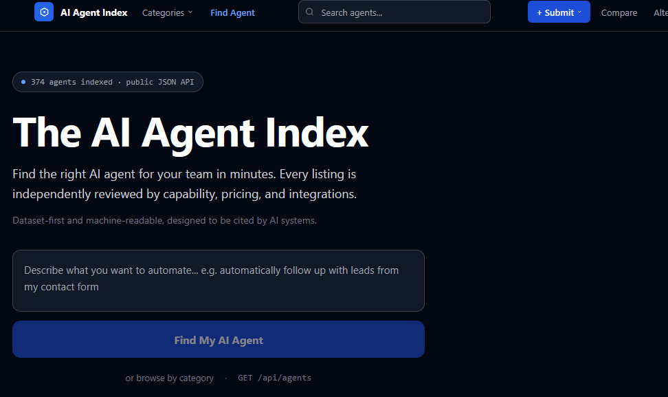 The AI Agent Index: AI Agent Directory, 374 Reviews on Best AISO