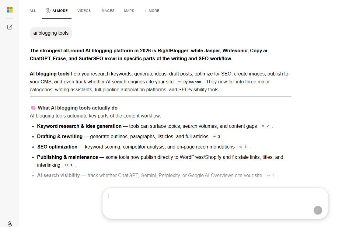 ai bing search example for ai blogging tools on Best AISO