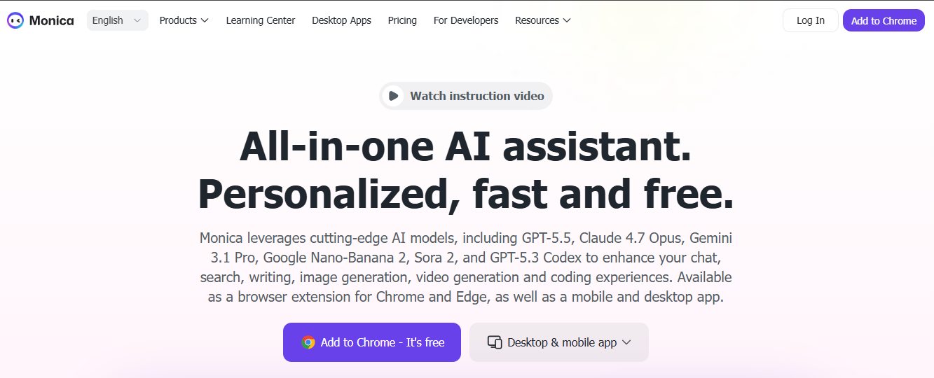 Monica - ChatGPT AI Assistant | GPT-5.5, Claude 4.7 Opus, Gemini 3.1 Pro, GPT Image 2, Sora 2, Nano Banana 2, all-in-one AI tools on Best AISO