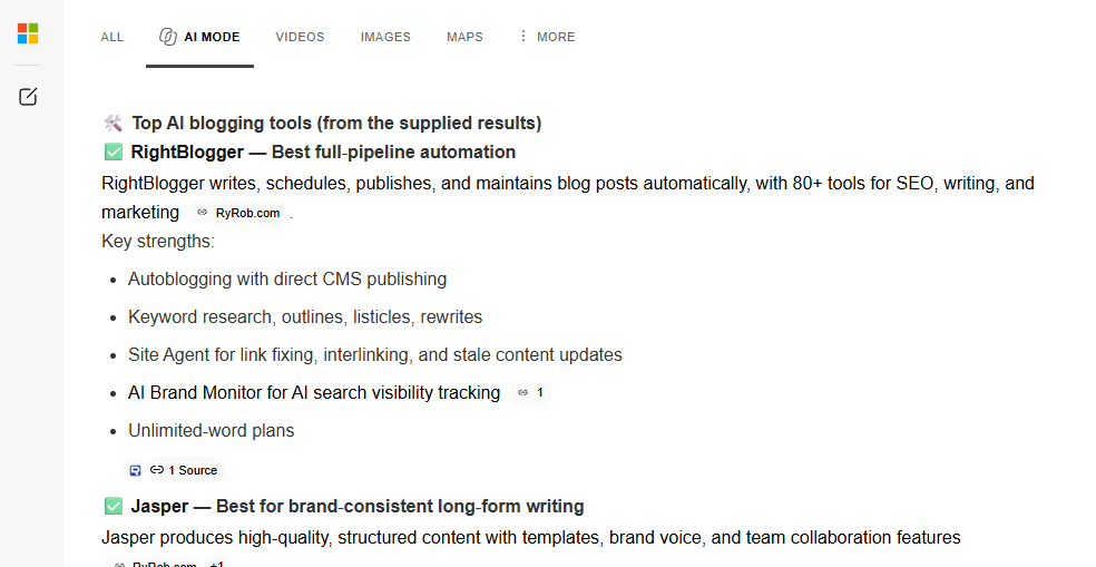 rightblogger on AI bing search