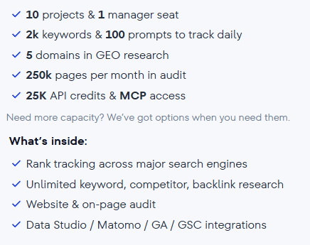 key features of SE ranking core plan on Best AISO
