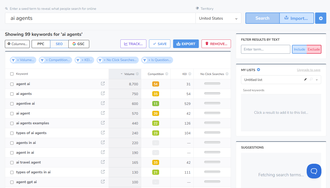 top keywords for ai agents powered by Wordtracker on Best AISO