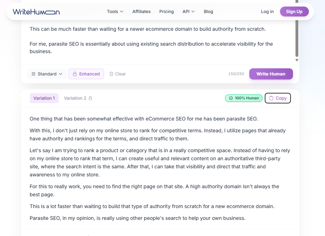 WriteHuman Real Example on Best AISO